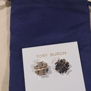 Tory Burch Black and Gold Logo Earrings